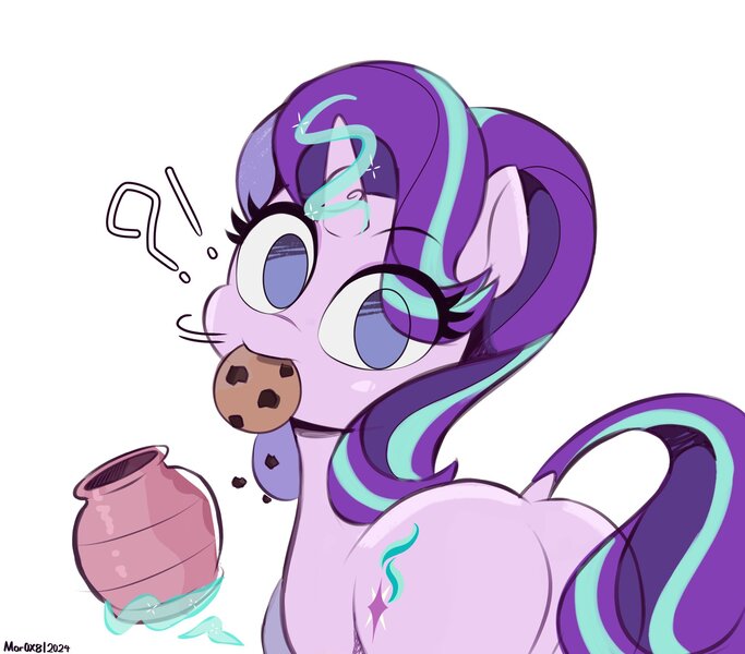 Size: 2004x1760 | Tagged: safe, artist:mar0x8, derpibooru import, starlight glimmer, pony, unicorn, g4, butt, caught, cookie, cookie jar, cookie thief, cute, exclamation point, eye clipping through hair, female, food, glimmer glutes, glimmerbetes, horn, image, interrobang, jpeg, looking at you, magic, mare, mouth hold, no pupils, nom, plot, question mark, simple background, solo, telekinesis, white background