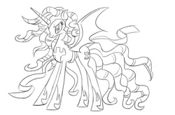 Size: 874x572 | Tagged: safe, derpibooru import, cozy glow, alicorn, pony, leak, alicornified, concept art, cozycorn, giant demon alicorn cozy glow, image, monochrome, png, race swap, sketch, solo