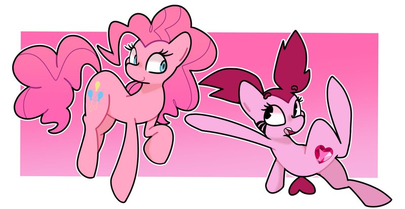 Size: 3488x1801 | Tagged: safe, artist:kindakismet, derpibooru import, pinkie pie, ponified, earth pony, pony, g4, abstract background, crossover, duo, image, jpeg, spinel (steven universe), steven universe