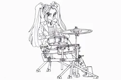 Size: 9929x6600 | Tagged: safe, artist:ciaran, derpibooru import, aria blaze, anthro, siren, equestria girls, g4, clothes, coat, derpibooru exclusive, disguise, disguised, disguised siren, drum kit, drums, drumsticks, eye clipping through hair, eyebrows, eyebrows visible through hair, female, frown, gem, image, inked, jewelry, lineart, looking at you, musical instrument, my little pony equestria girls: rainbow rocks, necklace, png, pony ears, ponytail, rainbow rocks 10th anniversary, shirt, shoes, simple background, siren gem, skirt, spiked headband, white background