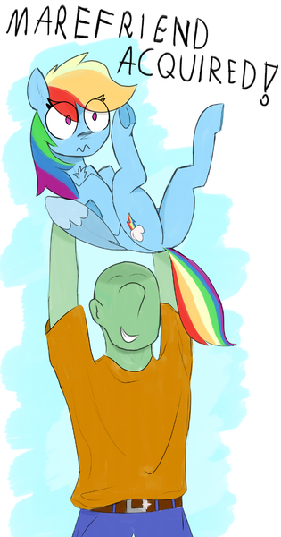 Size: 664x1263 | Tagged: safe, artist:theonlyone, derpibooru import, rainbow dash, oc, oc:anon, human, pegasus, pony, duo, featureless crotch, happy, holding a pony, hooves together, image, png, simple background, worried