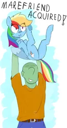 Size: 664x1263 | Tagged: safe, artist:theonlyone, derpibooru import, rainbow dash, oc, oc:anon, human, pegasus, pony, duo, featureless crotch, happy, holding a pony, hooves together, image, png, simple background, worried