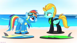 Size: 2963x1657 | Tagged: safe, artist:stephen-fisher, derpibooru import, lightning dust, rainbow dash, pegasus, pony, g4, beach, clothes, duo, duo female, female, folded wings, goggles, image, ocean, png, surfboard, surfing, uniform, washouts uniform, water, wings, wonderbolts uniform