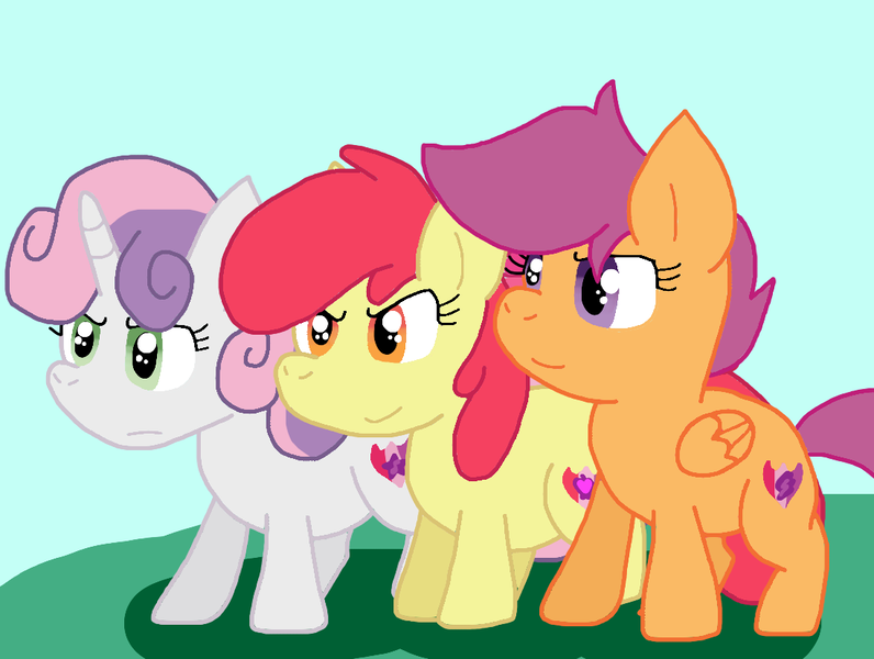 Size: 1097x827 | Tagged: safe, artist:cmara, derpibooru import, apple bloom, scootaloo, sweetie belle, earth pony, pegasus, unicorn, g4, cutie mark crusaders, female, horn, image, png, trio, trio female