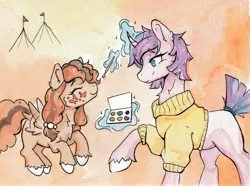 Size: 4498x3345 | Tagged: safe, artist:lightisanasshole, derpibooru import, oc, oc:fan brush, oc:poffertje, unofficial characters only, pegasus, pony, unicorn, abstract background, clothes, horn, image, jpeg, painting, ponycon holland, sweater, traditional art, watercolor painting