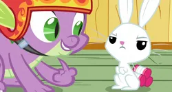 Size: 1719x923 | Tagged: safe, derpibooru import, screencap, angel bunny, spike, dragon, rabbit, g4, just for sidekicks, animal, clubhouse, helmet, image, out of context, png