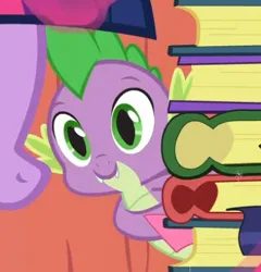 Size: 413x431 | Tagged: safe, derpibooru import, screencap, spike, twilight sparkle, g4, spike at your service, book, cropped, cute, duo, duo male and female, female, golden oaks library, image, library, male, png, solo focus, spikabetes