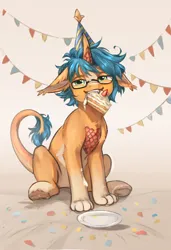 Size: 1248x1824 | Tagged: safe, artist:kirby_orange, derpibooru import, oc, oc:kirby orange, pony, unicorn, cake, ear fluff, fangs, food, gift art, glasses, happy birthday, hat, hooves, horn, image, jpeg, male, orange body, paws, scales, short hair, sitting, smiling, tail