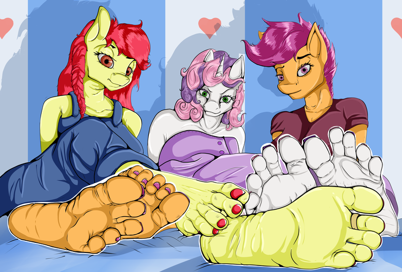 Size: 4844x3276 | Tagged: suggestive, artist:robinthefox, derpibooru import, apple bloom, scootaloo, sweetie belle, anthro, barefoot, feet, fetish, foot fetish, foot focus, image, nail polish, painted nails, png, soles, toenail polish, toenails, toes, wrinkles