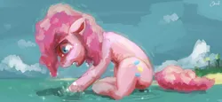 Size: 5000x2293 | Tagged: semi-grimdark, artist:sharpieboss, derpibooru import, pinkie pie, earth pony, pony, g4, beach, crying, female, floppy ears, hurting, image, jpeg, mare, open mouth, profile, sad, sitting, solo, splash, tree, water