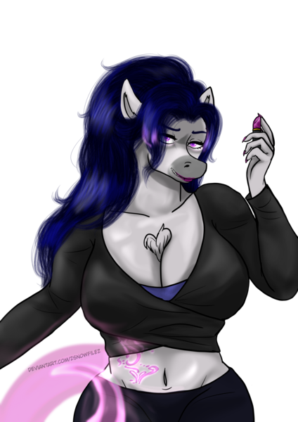 Size: 2893x4092 | Tagged: safe, artist:zsnowfilez, derpibooru import, oc, oc:belladonna nightshade, anthro, clothes, female, image, lipstick, magic tail, pants, png, shirt, simple background, solo, transparent background