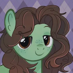 Size: 1600x1600 | Tagged: safe, artist:1mangosta1, derpibooru import, oc, oc:ponysona, oc:writtendreams, unofficial characters only, earth pony, pony, background, brown eyes, brown mane, bust, curly hair, curly mane, freckles, green, icon, image, jpeg, looking at you, ponysona, portrait, simple background, smiling, smiling at you, smug, solo