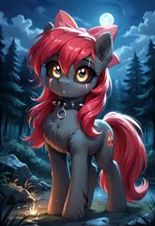 Size: 800x1169 | Tagged: safe, ai content, derpibooru import, machine learning generated, prompter:gregorymars, stable diffusion, apple bloom, pony, undead, zombie, g4, apple bloom's bow, black sclera, blanked apple bloom, bow, collar, eye scar, facial scar, female, forest, generator:pony diffusion v6 xl, hair bow, image, jpeg, mare, moon, nature, night, outdoors, scar, solo, spiked collar, tree, zombie bloom