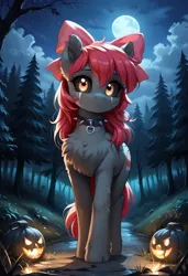 Size: 800x1169 | Tagged: safe, ai content, derpibooru import, machine learning generated, prompter:gregorymars, stable diffusion, apple bloom, pony, undead, zombie, g4, apple bloom's bow, black sclera, bow, collar, eye scar, facial scar, female, forest, generator:pony diffusion v6 xl, hair bow, image, jpeg, mare, moon, nature, night, outdoors, scar, solo, spiked collar, tree, zombie bloom