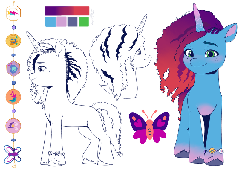 Size: 4132x2919 | Tagged: safe, artist:daisy_marshmallow, derpibooru import, pony, unicorn, series:daisy m's mym ref set, g5, bracelet, cutie mark, female, horn, image, jewelry, mare, misty brightdawn, png, rebirth misty, reference sheet, side view, simple background, unshorn fetlocks, white background