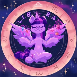 Size: 2000x2000 | Tagged: safe, artist:irisikiki, derpibooru import, part of a set, twilight sparkle, twilight sparkle (alicorn), alicorn, pony, crossed legs, element of generosity, element of honesty, element of kindness, element of laughter, element of loyalty, element of magic, elements of harmony, eyes closed, female, image, jpeg, levitation, libra, lotus position, magic, mare, sitting, smiling, solo, spread wings, stars, telekinesis, wings, zodiac