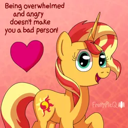 Size: 1000x1000 | Tagged: safe, artist:fruiitypieq, derpibooru import, sunset shimmer, pony, unicorn, g4, female, heart, horn, image, mare, message, motivational, png, positive ponies, raised hoof, solo