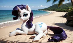 Size: 2432x1440 | Tagged: safe, ai content, derpibooru import, machine learning generated, prompter:bloodwood, rarity, pony, unicorn, g4, beach, butt, chest fluff, dock, ear fluff, female, fluffy, horn, image, looking at you, lying down, mare, ocean, outdoors, photorealistic, plot, png, prone, realistic, sand, side, smiling, tail, underhoof, water