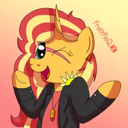 Size: 1000x1000 | Tagged: safe, artist:fruiitypieq, derpibooru import, sunset shimmer, pony, unicorn, equestria girls, g4, bipedal, clothes, ear piercing, female, horn, image, jacket, jewelry, mare, my little pony equestria girls: rainbow rocks, necklace, one eye closed, open mouth, open smile, piercing, png, rainbow rocks 10th anniversary, smiling, solo, underhoof