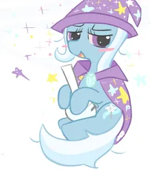 Size: 1257x1438 | Tagged: safe, artist:bonnboncakez, derpibooru import, trixie, pony, unicorn, g4, blushing, bong, cape, clothes, cute, diatrixes, drug use, drugs, female, hat, high, horn, image, jpeg, looking at you, mare, marijuana, simple background, smiling, solo, sparkles, stars, trixie's cape, trixie's hat, white background