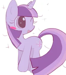 Size: 1337x1515 | Tagged: safe, artist:bonnboncakez, derpibooru import, twilight sparkle, pony, unicorn, g4, blushing, female, horn, image, jpeg, mare, one eye closed, simple background, smiling, solo, sparkles, stray strand, unicorn twilight, white background, wink