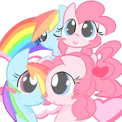 Size: 1600x1600 | Tagged: safe, artist:bonnboncakez, derpibooru import, pinkie pie, rainbow dash, earth pony, pegasus, pony, g4, blushing, duo, duo female, female, heart, image, lesbian, mare, one eye closed, pinkiedash, png, rainbow, shipping, simple background, white background, wink