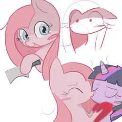 Size: 1600x1600 | Tagged: semi-grimdark, artist:bonnboncakez, derpibooru import, pinkie pie, twilight sparkle, alicorn, earth pony, pony, g4, blood, blushing, duo, duo female, female, image, implied violence, kissing, knife, lesbian, mare, pinkamena diane pie, png, shipping, simple background, sketch, stray strand, twinkie, white background, yandere