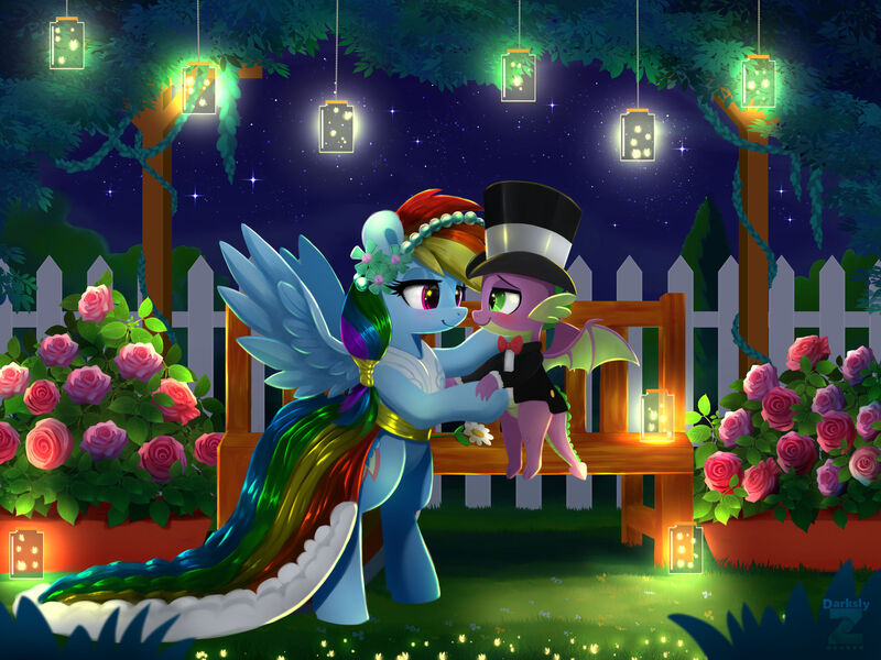 Size: 2400x1800 | Tagged: safe, artist:darksly, derpibooru import, rainbow dash, spike, dragon, firefly (insect), insect, pegasus, pony, g4, bipedal, bowtie, bridesmaid dress, clothes, commission, dress, duo, duo male and female, female, flower, flying, hat, high res, image, jpeg, lantern, looking at each other, looking at someone, male, mare, necktie, night, outdoors, rose, rose bush, ship:rainbowspike, shipping, smiling, smiling at each other, spread wings, straight, top hat, tuxedo, winged spike, wings