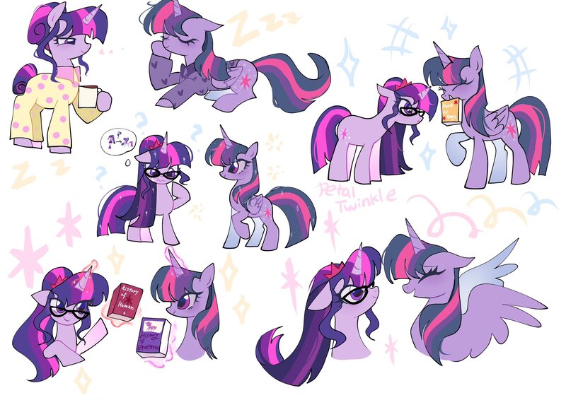 Size: 2048x1448 | Tagged: safe, artist:petaltwinkle, derpibooru import, sci-twi, twilight sparkle, twilight sparkle (alicorn), alicorn, pony, unicorn, equestria girls, g4, book, clothes, confused, duo, duo female, equestria girls ponified, female, glasses, image, jpeg, magic, mare, mouth hold, mug, pajamas, ponytail, self paradox, self ponidox, simple background, spread wings, telekinesis, thought bubble, twolight, unicorn sci-twi, unicorn twilight, white background, wings