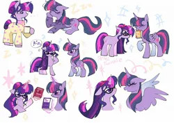 Size: 2048x1448 | Tagged: safe, artist:petaltwinkle, derpibooru import, sci-twi, twilight sparkle, twilight sparkle (alicorn), alicorn, pony, unicorn, equestria girls, g4, book, clothes, confused, duo, duo female, equestria girls ponified, female, glasses, image, jpeg, magic, mare, mouth hold, mug, pajamas, ponytail, self paradox, self ponidox, simple background, spread wings, telekinesis, thought bubble, twolight, unicorn sci-twi, unicorn twilight, white background, wings