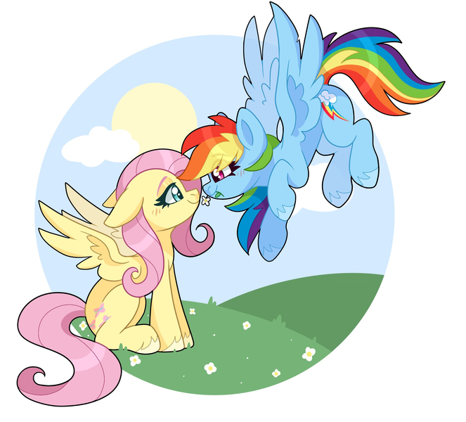 Size: 2048x1853 | Tagged: safe, artist:cinnamontee, derpibooru import, fluttershy, rainbow dash, pegasus, pony, g4, circle background, cloud, cute, duo, duo female, eye clipping through hair, female, flower, flutterdash, flying, hill, image, lesbian, mare, nuzzling, png, shipping, spread wings, sun, unshorn fetlocks, wings