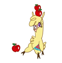 Size: 717x719 | Tagged: safe, artist:nonameorous, derpibooru import, alpaca, them's fightin' herds, apple, balancing, cloven hooves, community related, food, image, looking at you, paprika (tfh), png, simple background, sitting, solo, white background