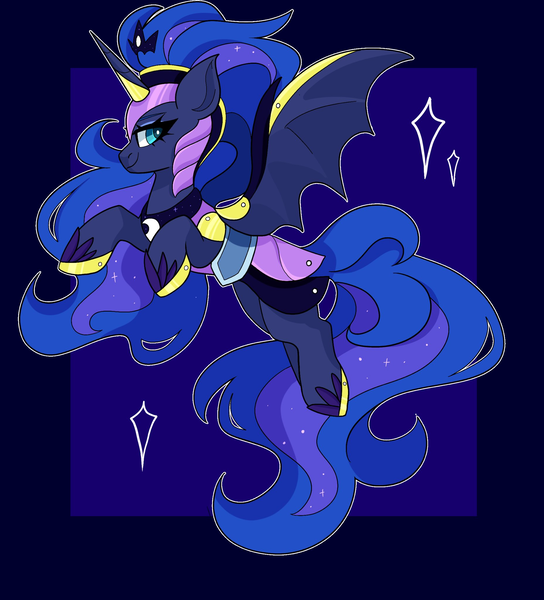 Size: 1857x2048 | Tagged: safe, artist:cinnamontee, derpibooru import, princess luna, alicorn, pony, g4, armor, bat wings, blue background, chaos luna, clothes, crown, female, gameloft, image, jewelry, mare, passepartout, png, regalia, shoes, simple background, smiling, solo, sparkles, spread wings, wings