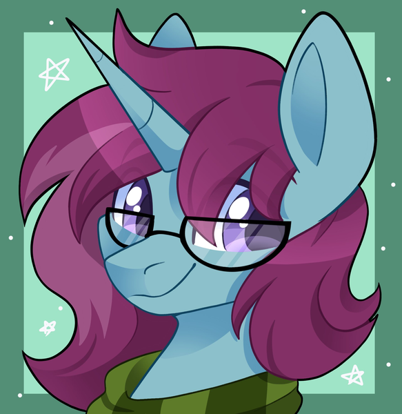 Size: 1935x1993 | Tagged: safe, artist:cinnamontee, derpibooru import, oc, oc:morgan, unofficial characters only, pony, unicorn, bust, clothes, glasses, horn, image, male, passepartout, png, portrait, scarf, smiling, solo, stallion, stars