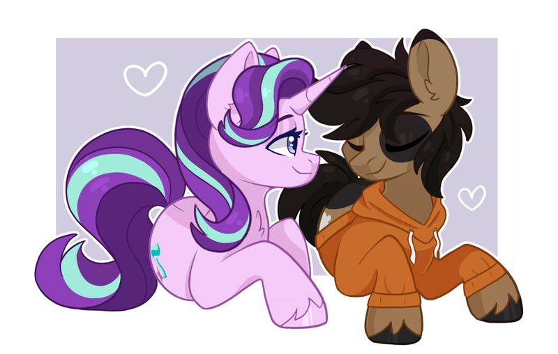 Size: 2048x1301 | Tagged: safe, artist:cinnamontee, derpibooru import, starlight glimmer, oc, oc:snore, earth pony, pony, unicorn, g4, canon x oc, chest fluff, clothes, ear fluff, earth pony oc, female, heart, hoodie, horn, image, male, mare, passepartout, png, stallion, straight, unshorn fetlocks