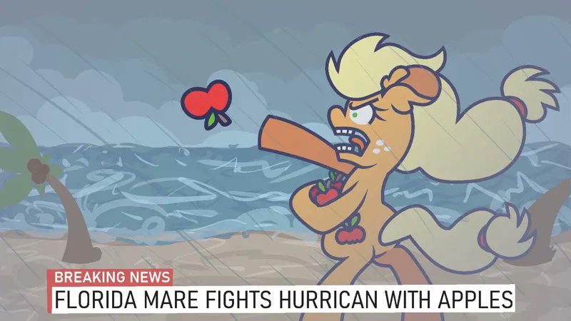 Size: 800x450 | Tagged: safe, artist:threetwotwo32232, derpibooru import, applejack, earth pony, pony, g4, angry, apple, beach, bipedal, breaking news, exploitable meme, female, florida, florida man, food, hurricane, image, island, jpeg, mare, meme, misspelling, newbie artist training grounds, open mouth, outdoors, palm tree, rain, silly, silly pony, solo, throwing, tree, who's a silly pony, wind