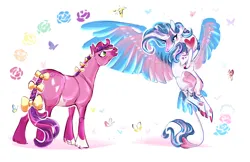 Size: 5100x3300 | Tagged: safe, artist:shirecorn, derpibooru import, skywishes, star catcher, butterfly, earth pony, insect, pegasus, pony, g3, alternate design, bow, braid, braided tail, cloven hooves, colored wings, duo, duo female, female, flower, flying, high res, image, jpeg, leonine tail, lesbian, looking at each other, looking at someone, mare, multicolored wings, rose, ship:skycatcher, shipping, simple background, tail, tail bow, tail feathers, white background, wings