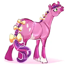 Size: 2679x2347 | Tagged: safe, artist:shirecorn, derpibooru import, skywishes, earth pony, pony, g3, alternate design, bow, braid, braided tail, butt, female, hair bow, high res, hoers, image, jpeg, looking up, mare, plot, simple background, solo, tail, tail bow, white background