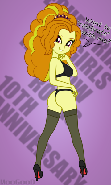 Size: 5625x9375 | Tagged: suggestive, artist:moogood, derpibooru import, adagio dazzle, human, equestria girls, g4, abstract background, absurd file size, absurd resolution, adagio dat-azzle, anniversary, black underwear, bra, breasts, butt, cleavage, clothes, eyelashes, eyeshadow, female, hairband, hand on chin, hand on hip, headband, high heels, image, looking at you, makeup, my little pony equestria girls: rainbow rocks, panties, png, pose, purple background, rainbow rocks 10th anniversary, red sole shoes, sexy, shoes, signature, simple background, smiling, smiling at you, smirk, socks, solo, solo female, spiked headband, standing, stockings, stupid sexy adagio dazzle, text, thigh highs, thighs, underwear, vector