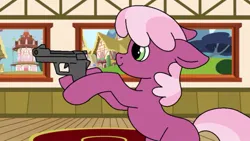 Size: 983x553 | Tagged: safe, artist:tamers12345, derpibooru import, cheerilee, earth pony, pony, g4, female, gun, image, jpeg, mare, school room, solo, town hall, weapon