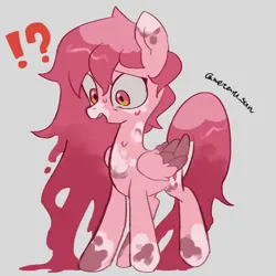 Size: 4096x4096 | Tagged: safe, artist:metaruscarlet, derpibooru import, oc, oc:metaru scarlet, unofficial characters only, pegasus, pony, folded wings, gray background, image, melting, open mouth, pegasus oc, png, simple background, solo, spotted, surprised, sweat, wings