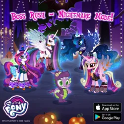 Size: 1080x1080 | Tagged: safe, derpibooru import, princess amore, princess cadance, princess celestia, princess luna, spike, dragon costume, edgy, gameloft, halloween, holiday, image, jack-o-lantern, jpeg, pumpkin