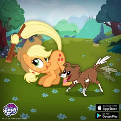 Size: 1080x1080 | Tagged: safe, derpibooru import, applejack, winona, dog, earth pony, pony, duo, female, fetch, flower, gameloft, image, jpeg, mare, open mouth, open smile, prehensile tail, smiling, stick, tail, tail wag, tongue out, tree