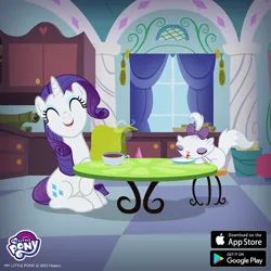 Size: 1080x1080 | Tagged: safe, derpibooru import, opalescence, rarity, cat, pony, unicorn, carousel boutique, cup, duo, female, food, gameloft, horn, image, jpeg, kitchen, lapping, mare, milk, sitting, tea, teacup, tongue out