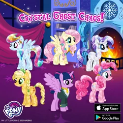 Size: 1080x1080 | Tagged: safe, derpibooru import, applejack, fluttershy, pinkie pie, rainbow dash, rarity, twilight sparkle, twilight sparkle (alicorn), alicorn, earth pony, pegasus, unicorn, braid, fire, fireplace, gameloft, horn, image, jpeg