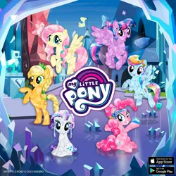 Size: 1080x1080 | Tagged: safe, derpibooru import, applejack, fluttershy, pinkie pie, rainbow dash, rarity, twilight sparkle, twilight sparkle (alicorn), alicorn, crystal pony, earth pony, pegasus, unicorn, braid, crystal empire, crystallized, gameloft, horn, image, jpeg, mane six