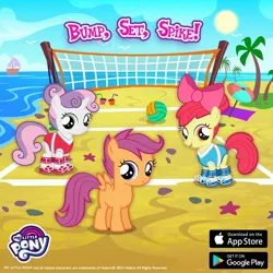 Size: 1080x1080 | Tagged: safe, derpibooru import, apple bloom, scootaloo, sweetie belle, earth pony, pegasus, pony, unicorn, beach, boat, cutie mark crusaders, female, filly, foal, gameloft, horn, image, jpeg, ocean, palm tree, tree, trio, trio female, volleyball net, water