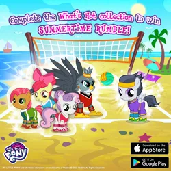 Size: 1080x1080 | Tagged: safe, derpibooru import, apple bloom, babs seed, gabby, rumble, sweetie belle, beach, boat, gameloft, image, jpeg, ocean, palm tree, summertime apple bloom, summertime babs seed, summertime gabby, summertime rumble, summertime sweetie belle, tree, volleyball net, water