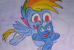 Size: 1712x1154 | Tagged: safe, artist:dex stewart, derpibooru import, rainbow dash, smallfry, pegasus, pony, my little pony: pony life, flying, image, jpeg, traditional art