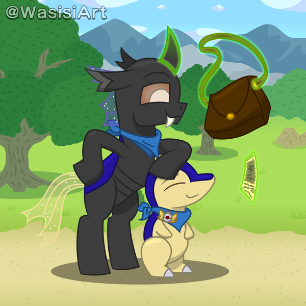 Size: 4500x4500 | Tagged: safe, artist:alejandrogmj, artist:wasisi, derpibooru import, oc, oc:wasisi, unofficial characters only, changeling, cyndaquil, bag, changeling oc, clothes, glow, glowing horn, horn, image, magic, paper, png, pokémon, pokémon mystery dungeon, scarf, self paradox